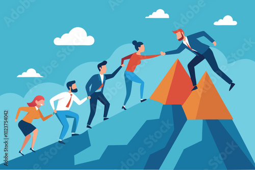 Employee mountain help and risk climbing. Leadership motivation and opportunity cooperation vector flat illustration