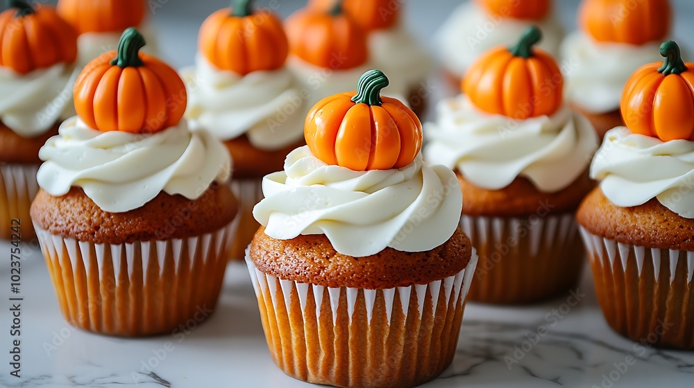 Pumpkin spice cupcakes, topped with cream cheese frosting and mini fondant pumpkins, Pumpkin spice cupcakes, topped with cream cheese frosting and mini fondant pumpkins,