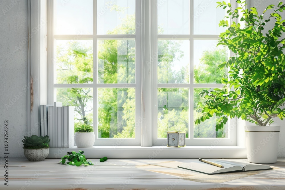 Fototapeta premium Desk with green plant and spring view through window.