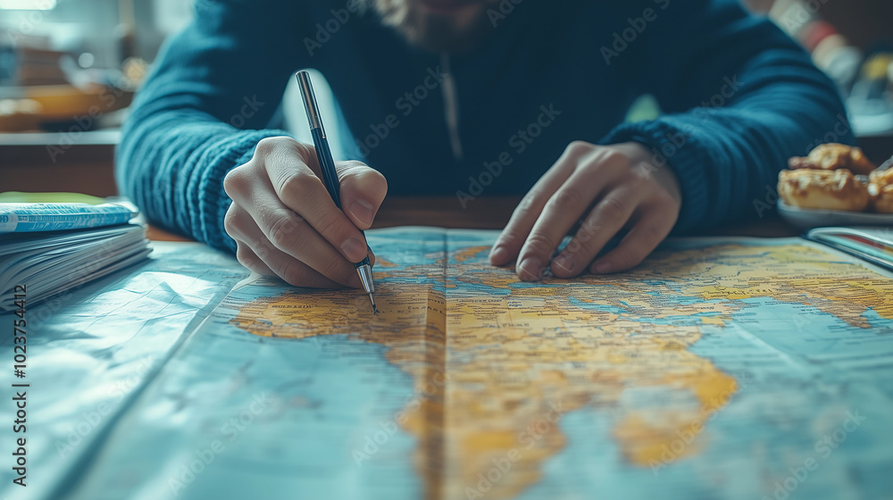close up shot of a man's hands with a map, pencil, preparing for an adventure and embodying a free spirited traveler lifestyle