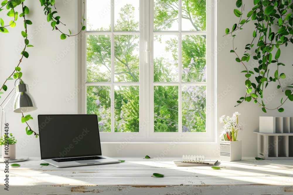 Desk with green plant and spring view through window. Desk with green plant and spring view through window.