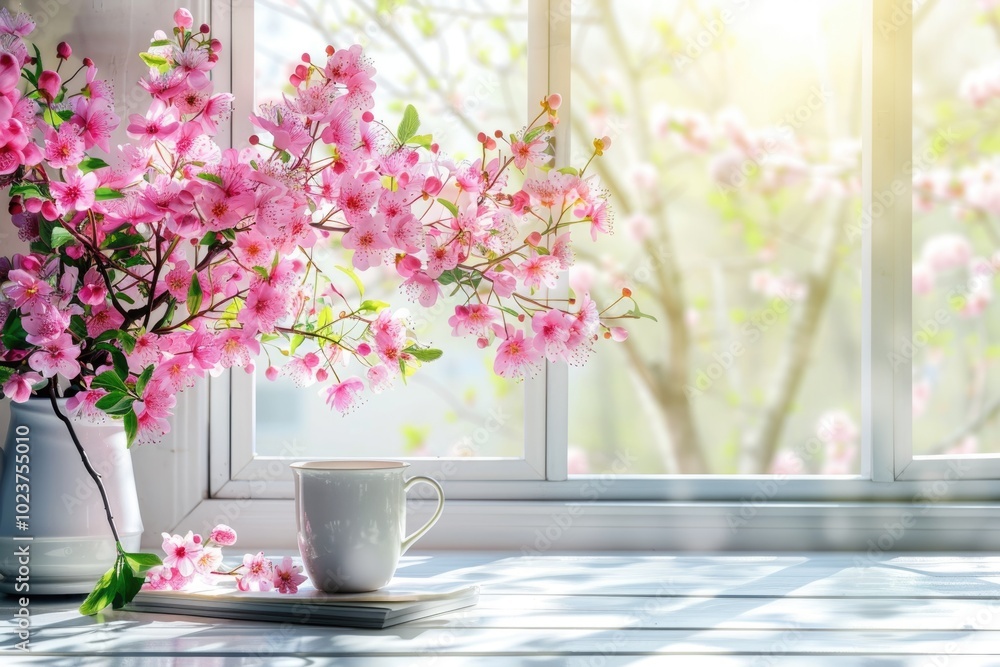 Desk with spring flowers and window background. Desk with spring flowers and window background.