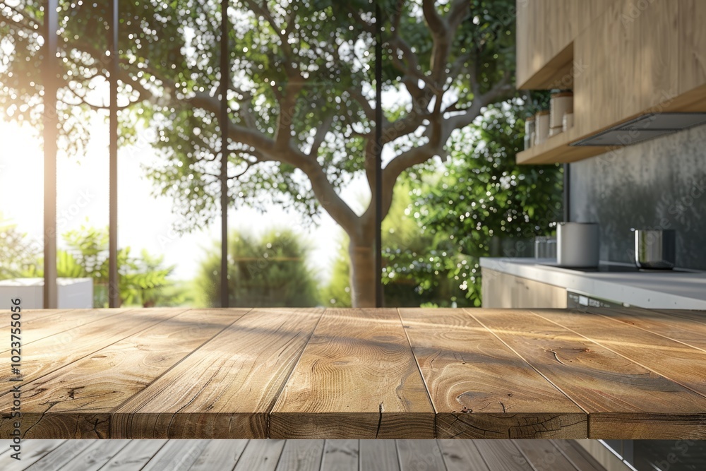 Empty wooden table and modern kitchen background nature and tree Empty wooden table and modern kitchen background nature and tree