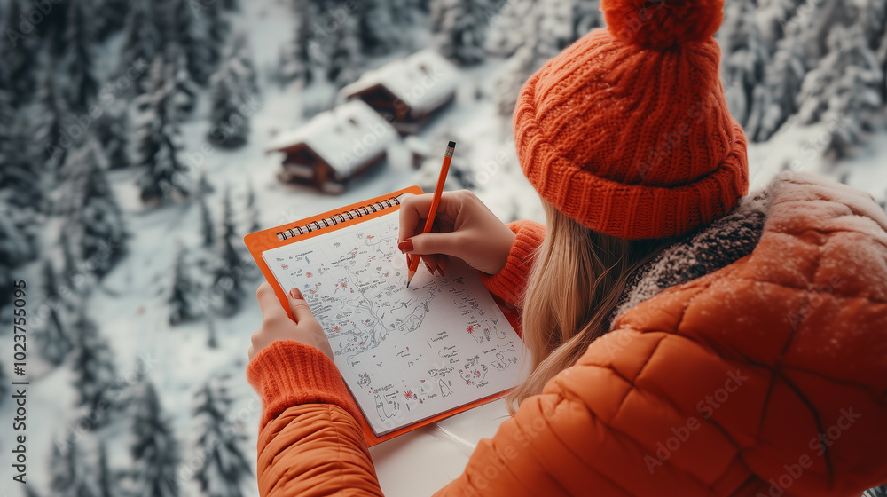 a woman exploring in the mountains, taking notes on a map, with a view of a cabin during the winter season, reflecting adventure, exploration, and sustainable tourism
