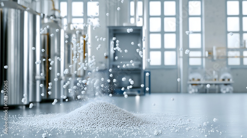 Granulated material scattering in industrial setting with machinery background