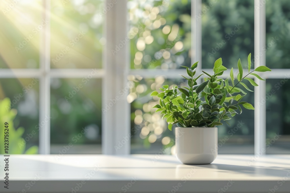 White kitchen desk with green plant and window view in spring. White kitchen desk with green plant and window view in spring.