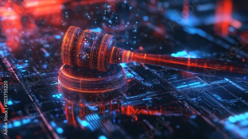 A digital gavel representing justice on a futuristic circuit board background.