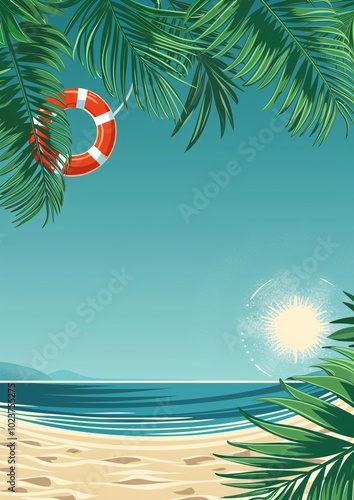 a beach with palm trees and a life preserver