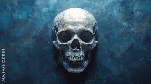 A skull is shown on a blue background