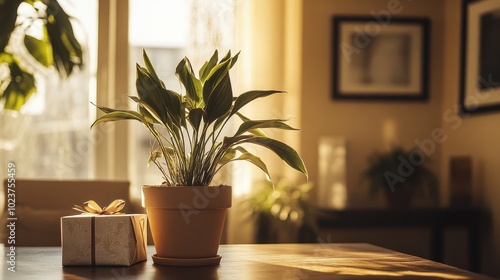 Cozy Indoor Plant Scene with Gift Box