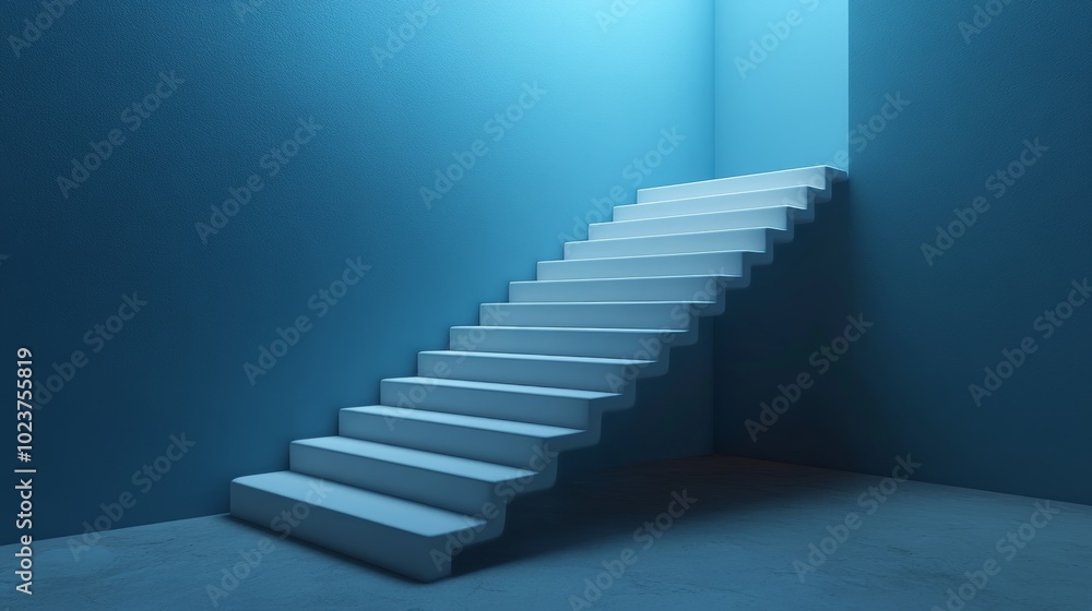 A staircase is shown in a blue room with a white wall A staircase is shown in a blue room with a white wall