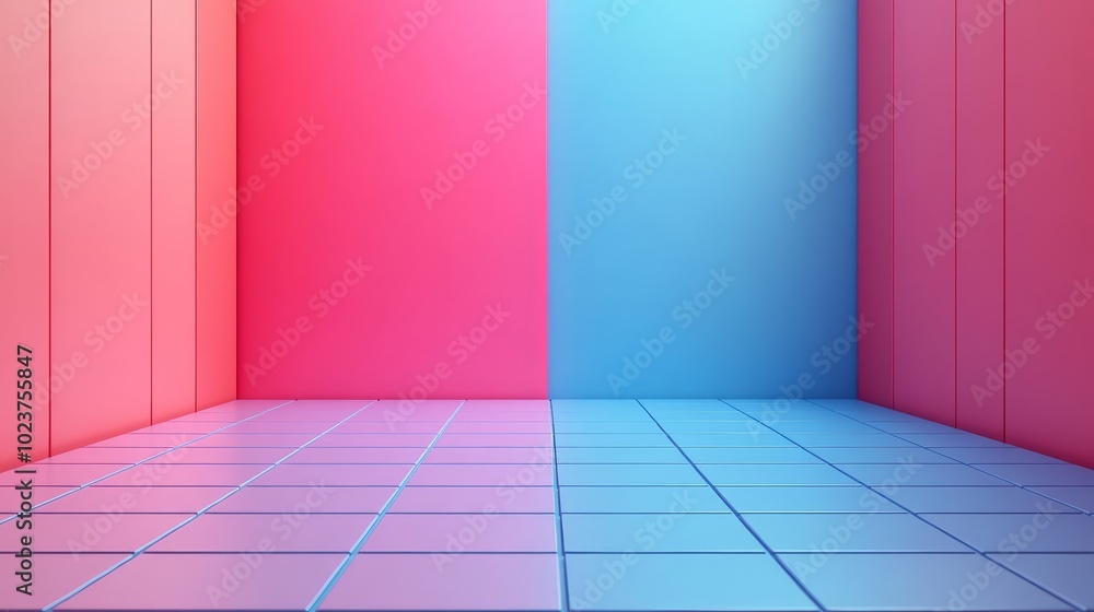 A room with pink and blue walls and a blue tile floor A room with pink and blue walls and a blue tile floor