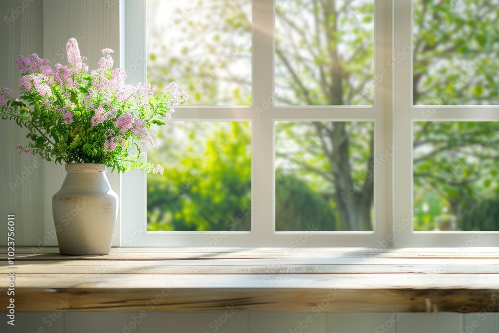 Table background with spring landscape and green plant. Table background with spring landscape and green plant.