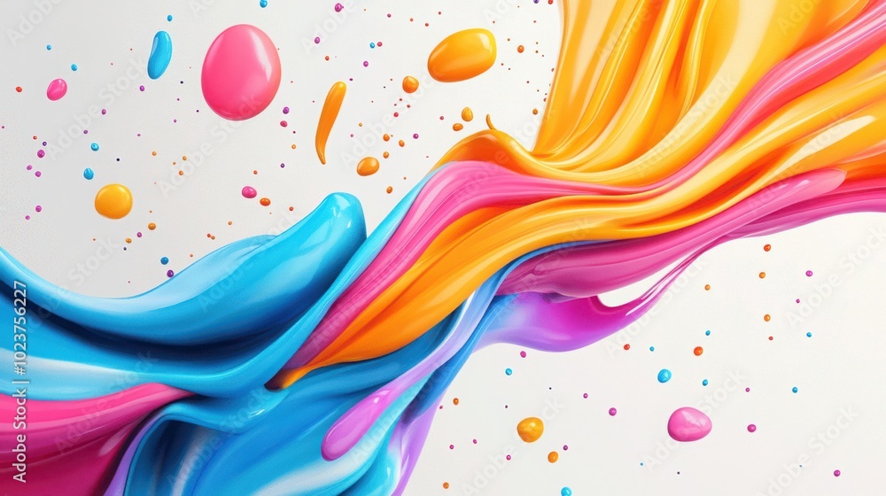 Dynamic and vibrant abstract 3D swoosh pattern with realistic plasticine clay texture, featuring bright curved shapes and motion flow, accented with colorful paint drops and fluid explosion effects. Dynamic and vibrant abstract 3D swoosh pattern with realistic plasticine clay texture, featuring bright curved shapes and motion flow, accented with colorful paint drops and fluid explosion effects.
