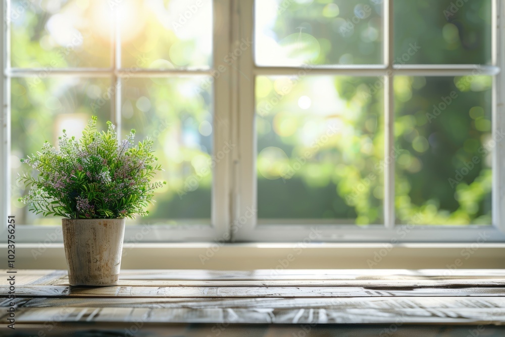 Table background with spring landscape and green plant. Table background with spring landscape and green plant.
