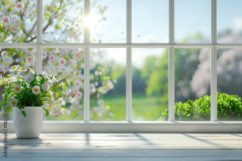 Fototapeta premium Table background with spring landscape and green plant.