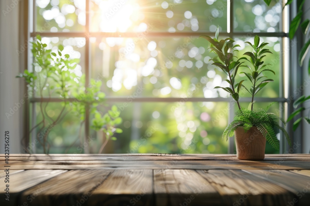 Table background with spring landscape and green plant. Table background with spring landscape and green plant.
