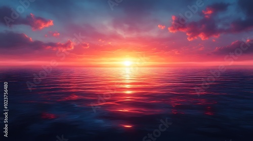 A vibrant sunset paints the sky with hues of orange, pink, and purple as the sun dips below the horizon, casting a warm glow on the calm, reflective waters of the ocean.