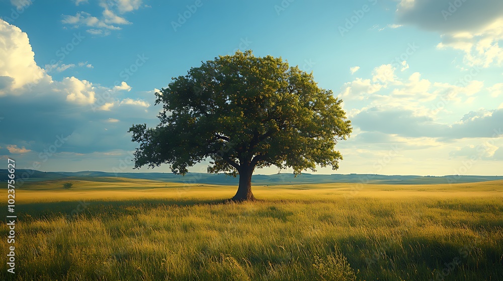 A single, large tree stands tall in a field of tall grass against a bright blue sky with fluffy white clouds. A single, large tree stands tall in a field of tall grass against a bright blue sky with fluffy white clouds.