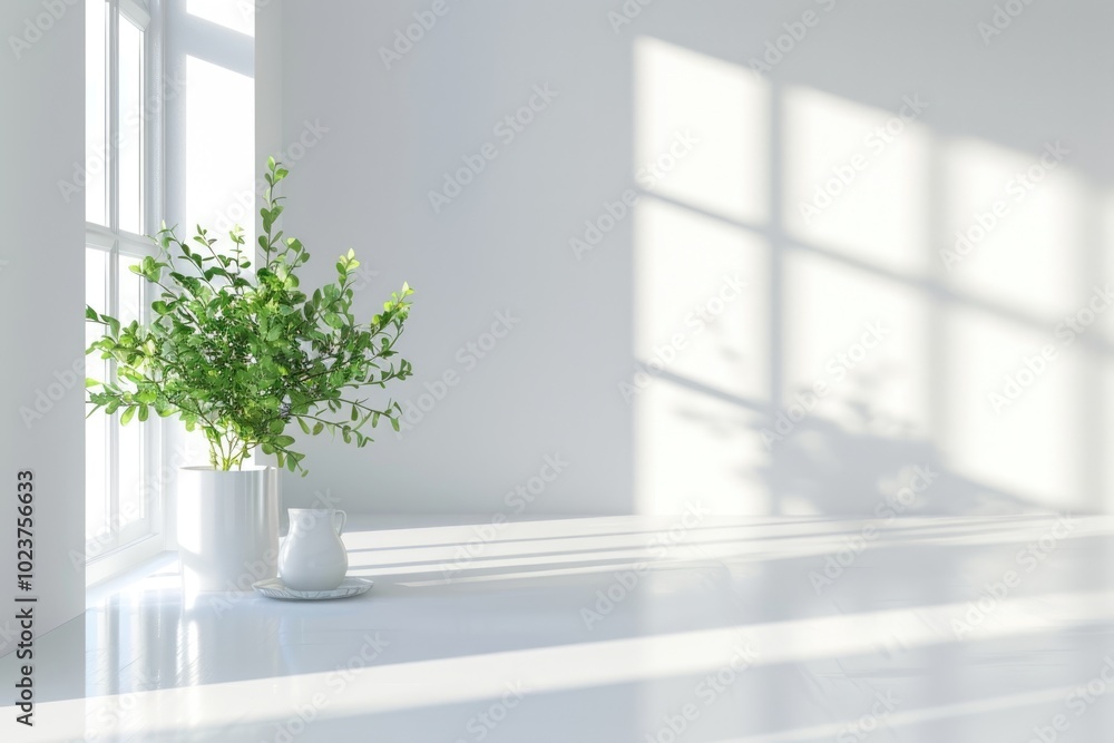 White desk space with free decoration and small plant by window. White desk space with free decoration and small plant by window.