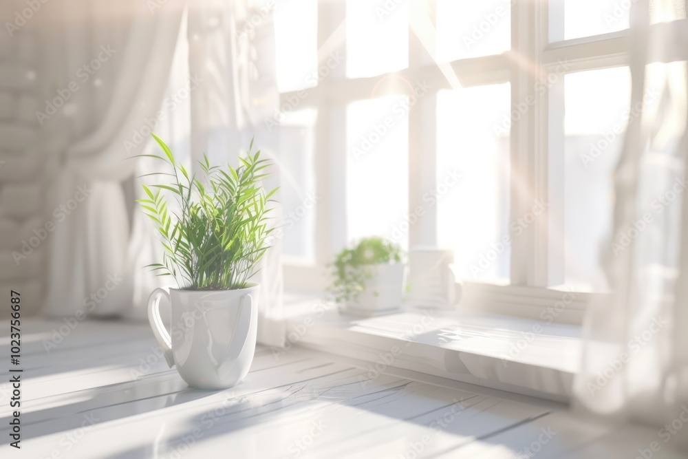 White desk space with free decoration and small plant by window. White desk space with free decoration and small plant by window.