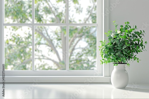 White desk space with free decoration and small plant by window.