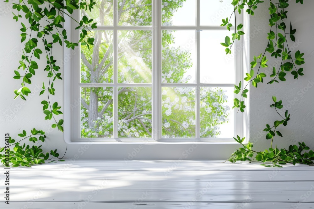 White table with green plant for decoration and spring window. White table with green plant for decoration and spring window.