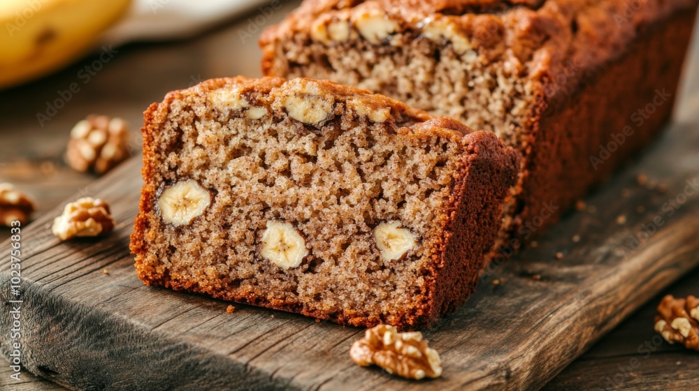 Freshly Baked Banana Bread Slice on Wooden Board Freshly Baked Banana Bread Slice on Wooden Board