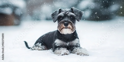 schnauzer puppy in the winter snow  photo