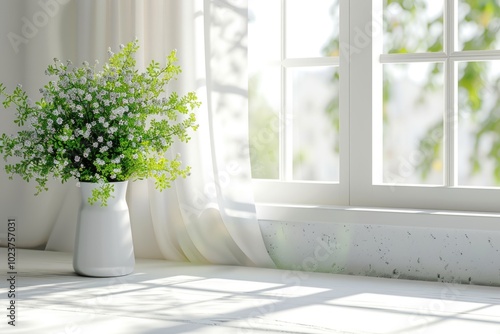 White table with green plant for decoration and spring window.