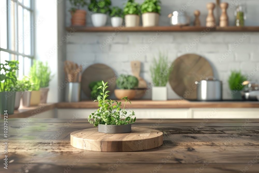 Wooden stand on table in kitchen interior and free space Wooden stand on table in kitchen interior and free space