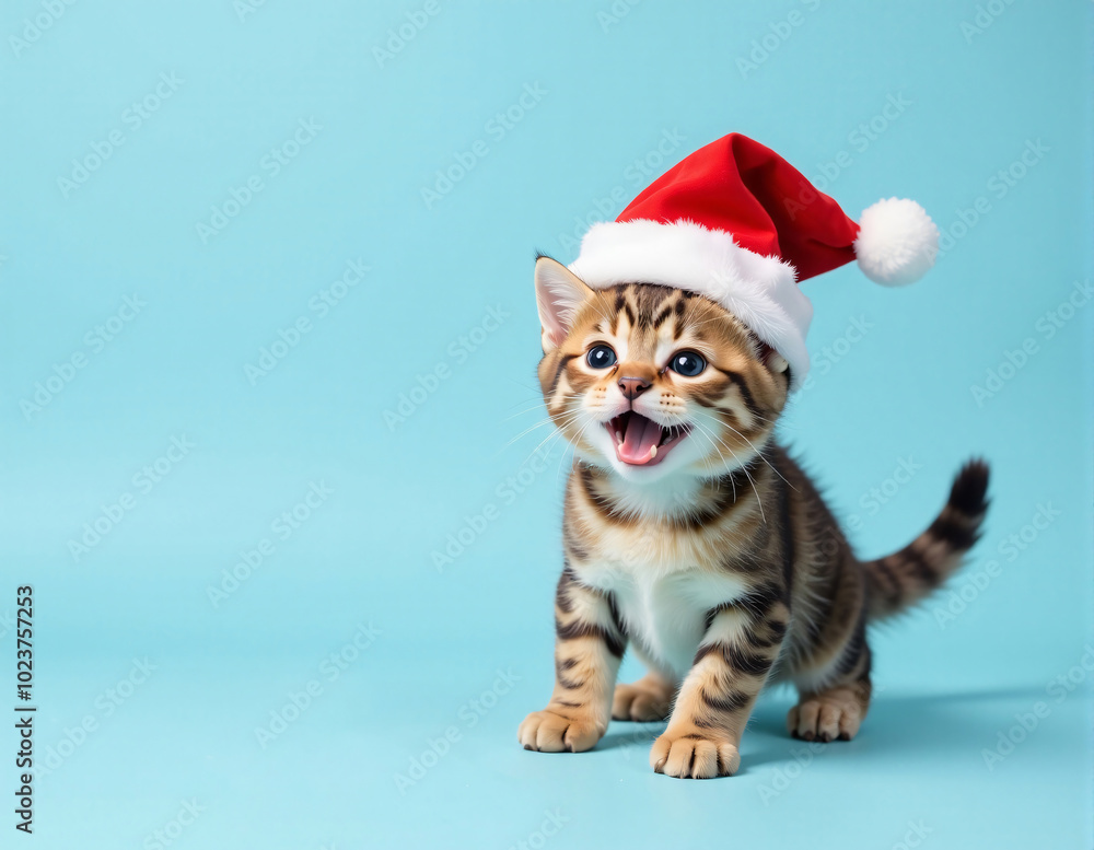 A playful kitten in a New Year hat, chasing snowflakes on a light blue background. A playful kitten in a New Year hat, chasing snowflakes on a light blue background.