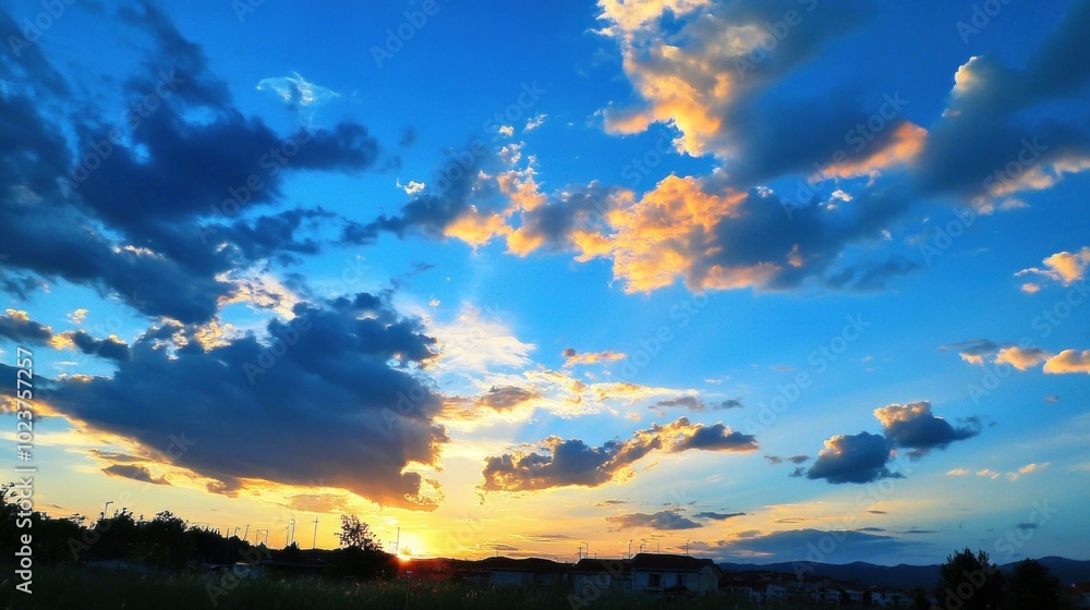 A vibrant sunset with golden light behind a cloud-filled sky above a silhouetted landscape. A vibrant sunset with golden light behind a cloud-filled sky above a silhouetted landscape.