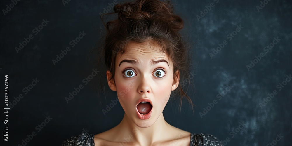 shocked woman, solid black background, copy space shocked woman, solid black background, copy space