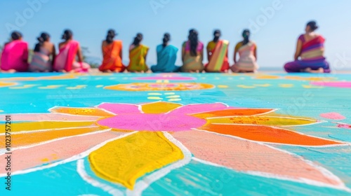 Women in colorful sarees sit together on vibrant rangoli with blue sky background. Diwali celebration photo