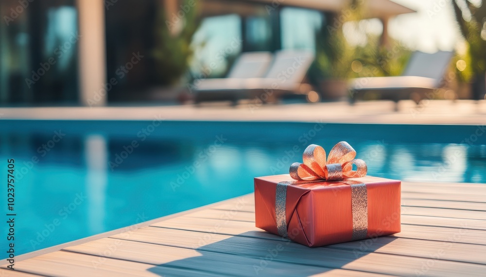 Obraz premium Poolside Present - Vibrant Gift Box by the Swimming Pool