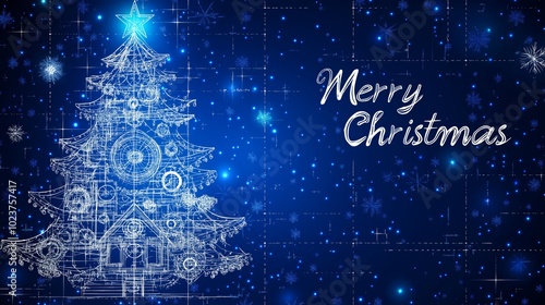 Intricate blueprint sketch of a Christmas tree and holiday cabin with warm festive greetings for engineers and architects