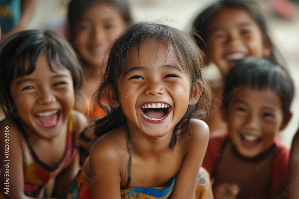 Joyful children enjoying laughter together in a vibrant community setting Joyful children enjoying laughter together in a vibrant community setting
