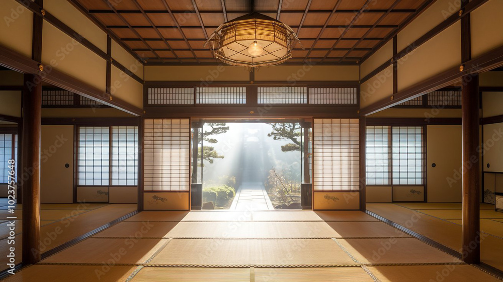 Fototapeta premium Traditional Japanese Home Interior With Sliding Doors and Tatami Mat Flooring