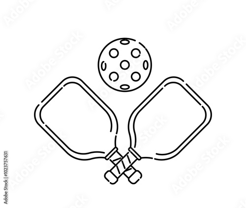Pickleball line icon. Rackets for paddle with ball. Sport equipment for tennis. Emblem for sportive league and tournament. Outline vector illustration isolated on white background