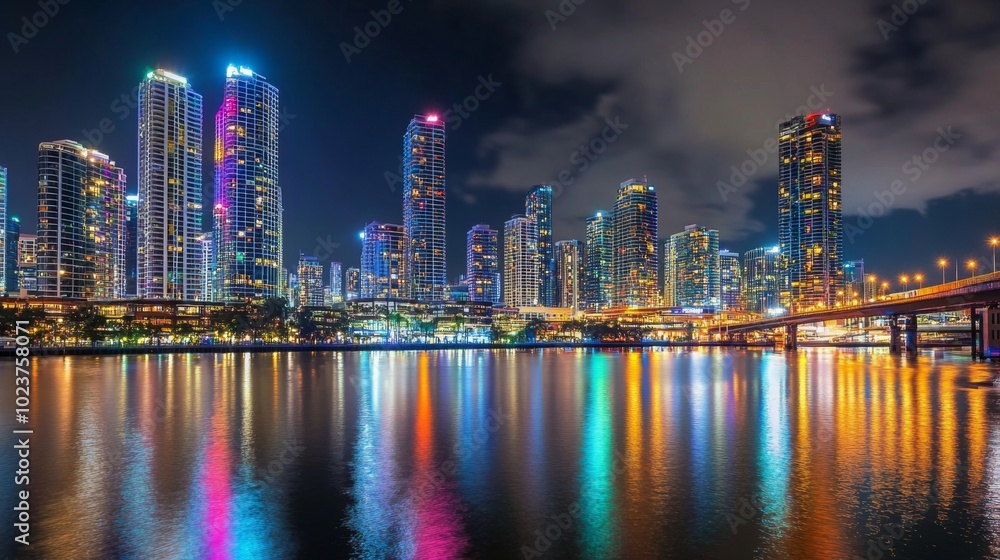 Fototapeta premium Vibrant Cityscape at Night Reflecting on Water