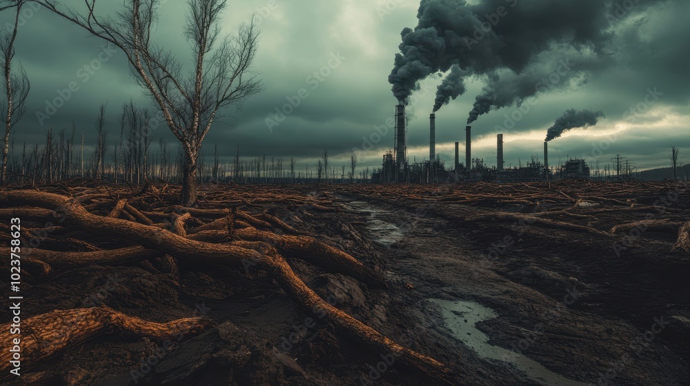 A desolate forest with a large industrial plant in the background A desolate forest with a large industrial plant in the background