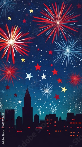 Colorful fireworks burst over a city skyline, illuminating the night sky with vibrant colors