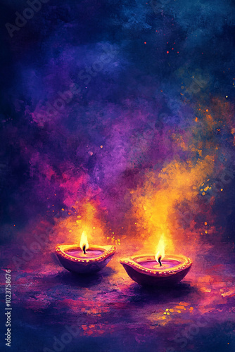 Lit diya traditional oil lamp on colorful abstract rangoli background. Deepavali, Diwali. Hindu festival of lights. Template with copy space for greeting card, banner, poster for Indian holidays