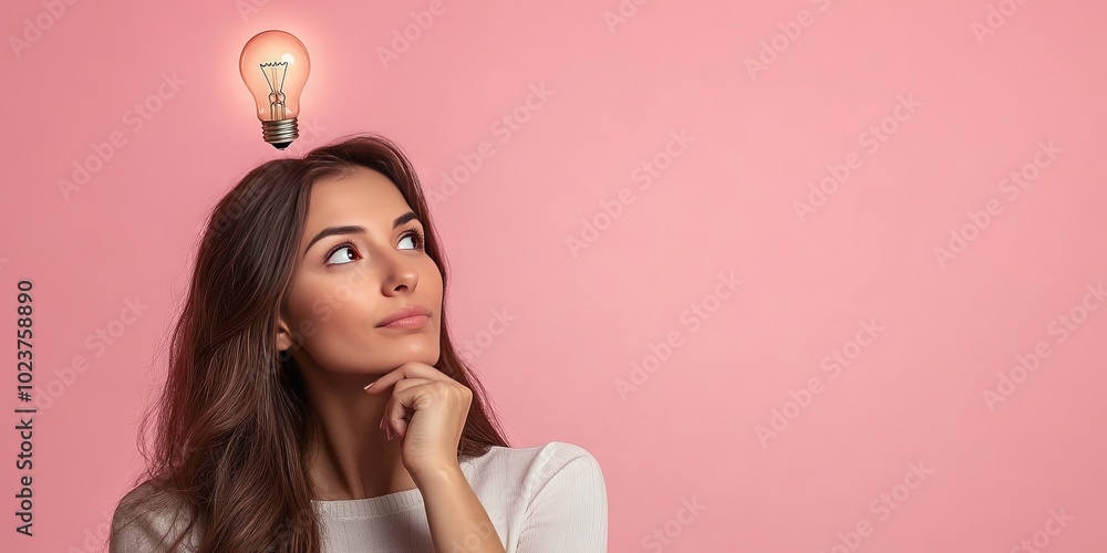 woman thinking, light bulb over her head, solid pink background, copy space woman thinking, light bulb over her head, solid pink background, copy space