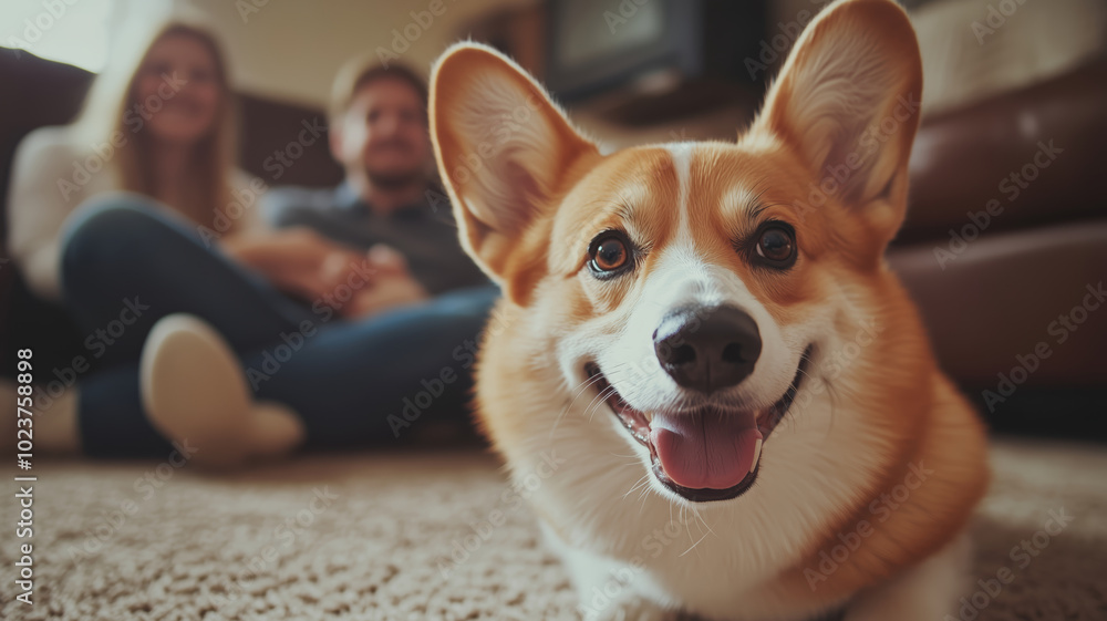 Joyful corgi enjoying family time in a cozy living room on a sunny afternoon Joyful corgi enjoying family time in a cozy living room on a sunny afternoon