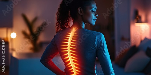 woman with back pain, glowing spine, living room photo