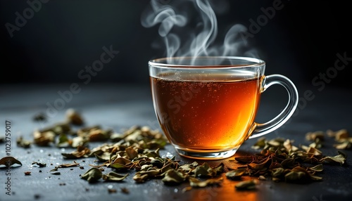 Steaming Oolong Tea in a Glass Cup with Loose Tea Leaves on Slate photo