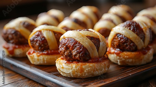 Mummy meatball sliders, with cheese wrapped around the meatballs like bandages,  photo