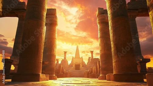 Ancient Temple at Sunrise with Towering Columns and Dramatic Sky